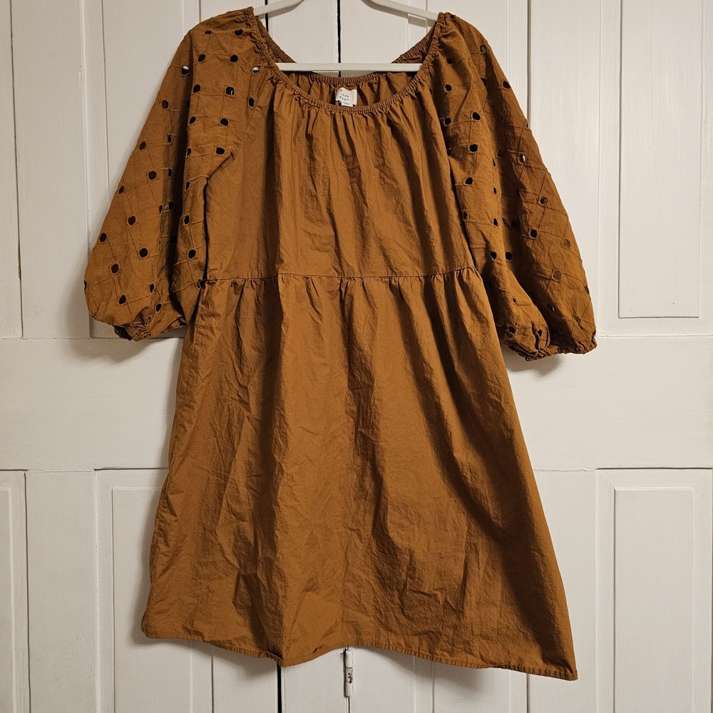 A New Day Dress in Warm Brown with Polka Dot Sleeves